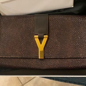 Yves Saint Laurent Textured Brown Clutch with Gold Y Accent